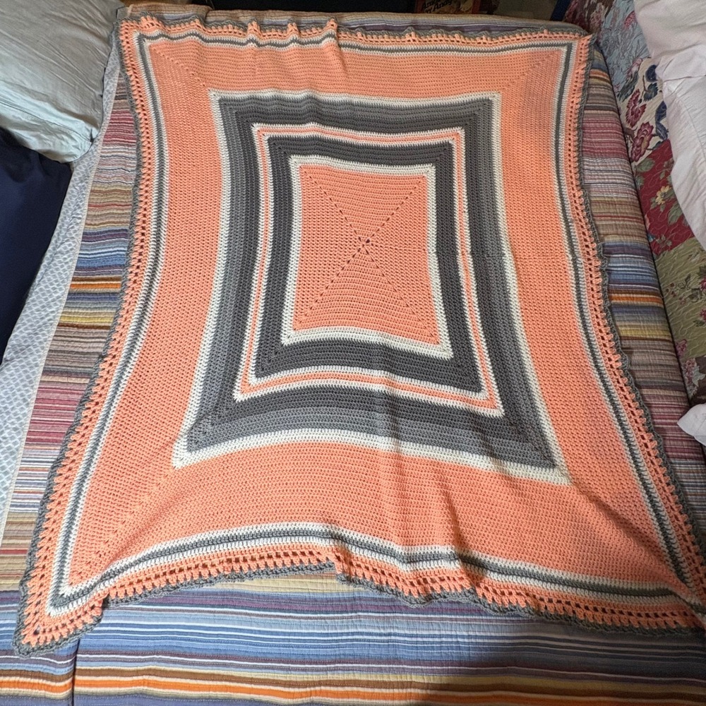 Handmade Crochet Afghan Blanket Peach Gray White Geometric Throw 60x47